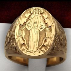 Male Lady Orthodox Virgin Mary Religious Ring LUZGRAPHICJEWELRY Gold Brass Engraved Ring For Promise, Spiritual Brass Engraved Ring For Anniversary, Gold Brass Signet Ring For Anniversary, Gold Brass Engraved Ring For Gift, Gold Brass Engraved Ring Gift, Gold Engraved Brass Ring Gift, Symbolic Gold-plated Rings, Spiritual Yellow Gold Engraved Ring In Brass, Spiritual Engraved Yellow Gold Ring In Brass