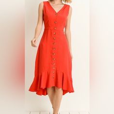 Gilli Red Button Down Midi Dress , Size S Hoco Dresses Red, Ombre Maxi Dress, Dress Collar, Cotton Blends Dress, Basic Dress, Women Long Dresses, Basic Outfits, Midi Dress Sleeveless, Back Design