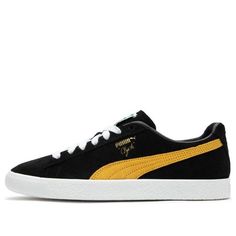 Puma Clyde OG 'Black Yellow' 391962-05 Black Sneakers For Light Sports With Gum Sole, Black Sneakers With Gum Sole For Light Sports, Modern Black Sneakers With Puma Logo, Black Puma Sneakers For Sports, Modern Black Puma Sneakers, Black Puma Sneakers Synthetic Material, Black Synthetic Sneakers With Puma Logo, Black Synthetic Puma Sneakers, Sporty Black Puma Sneakers