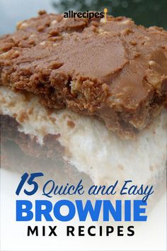 brownie ice cream sandwich with text overlay that reads, 15 quick and easy brownie mix recipes