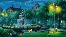 a painting of a park at night with lots of people walking around and sitting on benches