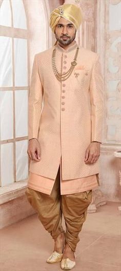 Pink and Majenta color Sherwani in Silk fabric with Broches, Embroidered, Thread, Zari work Luxury Long Sleeve Pink Sherwani, Luxury Pink Sherwani For Transitional Season, Luxury Pink Sherwani For Diwali, Luxury Pink Sherwani With Zari Work, Zari Work, Thread Work, Silk Fabric, Thread, Silk