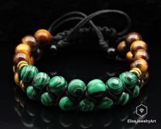 "Men's Bracelet Natural Malachite & Tiger Eye Beaded Protection Men's Bracelet Women's Bracelet Crystal Bracelet Father's Day Gift -ALL THE PRODUCTS AT ELISAJEWELRYART ARE HANDMADE AND MADE WITH NATURAL BEADS. -WHAT DOES THE MALACHITE STAND FOR Malachite is a stone of balance, abundance, manifestation and intention. Malachite absorbs energy and draws emotions to the surface. It clears and activates all Chakras, and is especially helpful in the stimulation of the Heart and Throat Chakras. Malachi Luxury Elegant Malachite Bracelets, Adjustable Malachite Spiritual Bracelet, Handmade Malachite Spiritual Beaded Bracelets, Handmade Malachite Beaded Bracelets For Spiritual Use, Adjustable Spiritual Malachite Bracelets, Adjustable Spiritual Malachite Bracelet, Adjustable Malachite Bead Bracelets, Adjustable Malachite Bracelets With 8mm Beads, Adjustable Malachite Beaded Bracelets With Natural Stones