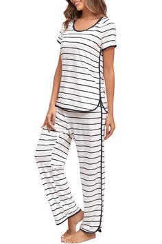 PRICES MAY VARY. Soft Pajama Set: Made of premium fabric silk satin, the pajama set for women is lightweight, breathable and skin-friendly, just like wrapped in a cloud, loose and lazy style helping you have a sound sleep Side Split Sleepwear Sets: The relaxed fit two piece comfortable loungewear included long pants and short sleeve tops. Both pants and tops in side split, it will increase the fashion and convenience of the clothes. With a classic stripe design, make you more comfy at home Loung Two Piece Loungewear, Womens Sleepwear, Bridal Pajamas, Comfortable Loungewear, Lazy Style, Loungewear Outfits, Pajamas Sets, Striped Pyjamas, Soft Pajamas