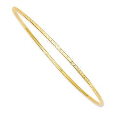 Delicate and refined, this bangle bracelet is a timeless treasure. Crafted in warm 14K gold, this sleek design is enhanced with diamond-cut detailing that offers maximum sparkle potential. She's certain to adore this classic bangle. Polished to a bright shine, this 8.0-inch circumference bracelet slips on and off for easy anytime wear. Classic Hammered Yellow Gold Bracelets, Hammered Yellow Gold Bangle, 14k Gold Bangle With Shiny Finish, Luxury Hammered Yellow Gold Bangle, Hammered Yellow Gold Bangle Bracelet, Elegant 14k Gold Hammered Bracelet, Formal Yellow Gold Hammered Bangle, Elegant Hammered Yellow Gold Bracelets, Anniversary Hammered Yellow Gold Bracelets