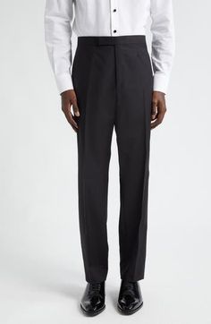 Elevate your formal or evening look with these tuxedo pants impeccably tailored from a refined wool-and-mohair blend and finished with satin side stripes. Zip fly with hook-and-bar tab closure Side-seam pockets; back welt pockets Cupro lining 84% wool, 16% mohair Dry clean Made in Turkey Designer Clothing Black Wool Bottoms For Evening, Classic Business Suits With Long Pants, Luxury Tailored Suit With Straight Pants, Tailored Long Pants For Formal Occasions, Elegant Business Pants With Structured Boning, Luxury Business Suits With Trousers, Classic Suits With Long Pants For Workwear, Classic Long Pants Suits For Workwear, Black Tailored Pants For Black-tie Events