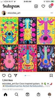 the instagram page shows an image of guitars on different colors and patterns, including pink, yellow, blue, green, red