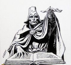 a black and white drawing of a wizard reading a book