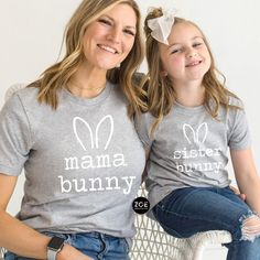 Mama Bunny Sister Bunny, Cute Mommy and Me Easter Shirts, Matching Mommy and Me Easter Tees for Girls, Mama Easter Shirt, Mini Easter Shirt This listing is for ( 1 ) Bella Canvas t-shirt of your choice in adult Unisex or Kids Unisex sizes.  To order MULTIPLES, add to cart one at a time. (*other brands occasionally when necessary for stock issues) Adult shirts are available in the following colors: Berry, Pink, Yellow, Heather Gray, Mint, Lavender, Turquoise Kids shirts are available in the follo Fitted Crew Neck Top For Family Matching, Spring Family Matching Long Sleeve Tops, Family Matching Long Sleeve Tops For Spring, Family Matching Gray Short Sleeve Tops, Gray Family Matching Short Sleeve Tops, Family Matching Gray Tops With Letter Print, Gray Family Matching Tops With Letter Print, Gray Tops With Letter Print For Family Matching, Cute Gray Tops With Letter Print