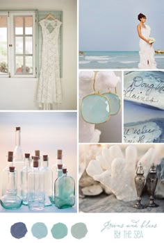 a collage of photos with different items and colors in them, including bottles, towels, glassware