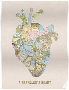 a map heart with the words traveler's heart in gold lettering on it poster