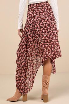 Get ready to be a chic standout wherever you go in the Lulus Elevated Exception Brown Floral Asymmetrical Midi Skirt! Lightweight woven fabric boasts a sweet floral print (and a subtle burnout jacquard design) as it shapes a high waist and a figure-skimming, asymmetrical silhouette with floaty tendrils at both sides. Asymmetrical seaming accents throughout before falling to a midi hem. Hidden zipper/clasp at side. Fit: This garment fits true to size. Length: Ankle length. Size medium measures 26.50" from waist to hem. Waist: Fitted - very fitted at natural waist. Hip: Not Fitted - fuller skirt allows room for hips. Fabric: Fabric has no stretch. Lined to mid-thigh. Shell: 100% Polyester. Lining: 100% Polyester. Hand Wash Cold. Do Not Bleach. Line Dry. Iron Low Heat. Imported. Lulus | Eleva Midi Skirt Floral, Asymmetrical Midi Skirt, Jacquard Design, Skirt Floral, Floral Midi Skirt, Sweet Floral, Brown Floral, Asymmetrical Hem, Full Skirt