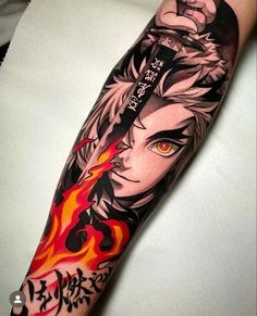 Demon Slayer Leg Tattoo, Demon Slayer Tattoo Sleeve, Anime Tattoos For Men Sleeve, Anime Tattoos Demon Slayer, Anime Leg Sleeve Tattoo, Rengoku Tattoo Ideas, Demon Slayer Tattoo Design, Anime Sleeve Tattoo, Kimetsu No Yaiba Tattoo