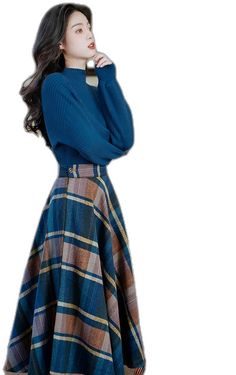 Winter Dark Academia Fitted Skirt, Blue Pleated Skirt For Fall, Brown Plaid Skirt, Dancing Silhouette, Fluffy Sleeves, Skirt Sweater, Retro Skirt, High Neck Sweater, Brown Plaid