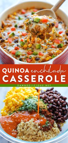 QUINOA ENCHILADA CASSEROLE, healthy dinner recipes, easy healthy meals Hot Quinoa Recipes, Quinoa Enchilada Casserole, Quinoa And Black Beans, Cheesy Quinoa, Quinoa Bake, Enchiladas Healthy, Quinoa Recipes Easy, Quinoa Casserole