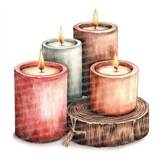 three colored candles sitting on top of a tree stump