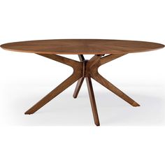 a round wooden table with two crossed legs