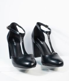 Unique Vintage Black Leatherette T-Strap Astaire Pumps Faux Leather Mary Jane Closed Toe Heels, Faux Leather Closed Toe Mary Jane Heels, 4-inch Closed Toe Heels In Faux Leather, Faux Leather Closed Toe Heels With 4-inch Heel, 4-inch Faux Leather Closed Toe Heels, 4-inch Heel Faux Leather Closed Toe Heels, Ankle Strap Heels With Sculpted Heel In Faux Leather, Party High-heeled Mary Janes With Padded Heel, Faux Leather Mary Jane Heels With Ankle Strap