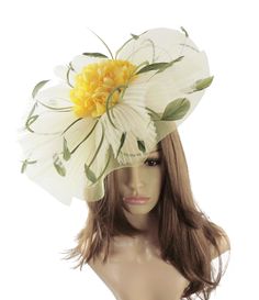 Beautiful Olive green & Yellow crin fascinator with large flower and coque feather trim Measures about 12 inches wide We can make this is many colours email us if you want in different colours It is mounted with a headband. We will always try and match the fascinator colour to the headband. If the colour is unavailable then we will use BLACK. If you dont want black please state your hair colour at checkout and we will use a band that matches your hair. Unsure about colour? We send can send f Royal Blue Fascinator, Yellow Fascinator, Large Brim Hat, Party Ladies, Funky Hats, Wedding Cocktail Party, Dubai Wedding, Fascinator Hairstyles, Types Of Hats