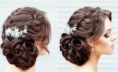 the side view of a bride's hair with flowers in her hair and pearls in her hair