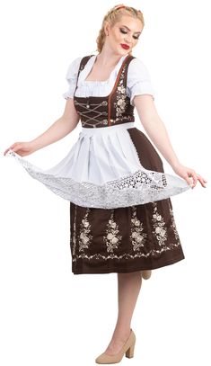 PRICES MAY VARY. 3 PIECE OUTFIT - You Will Receive The Complete Set - The Brown Dirndl With Soft Beige Embroidery, The White Lace Apron And Crop Top. Wear All 3 Pieces For An Authentic German Bavarian Trachten Look Or Separately. You Will Look Lovely For Oktoberfest, Christmas, A Renaissance Festival, Halloween Or A Holiday Party. EMBROIDERY WIDTH & DETAILING - The Pretty Embroidery Around The Base Is 11 1/2" (Inches) High. The Embroidery Has A Backing on the Inside Of the Skirt To Prevent Unrav Dirndl Embroidery, German Dirndl Dress, Dirndl Dress Oktoberfest, German Dress Dirndl, Brown Embroidery, Lace Apron, Oktoberfest Costume, Oktoberfest Outfit, Beer Girl