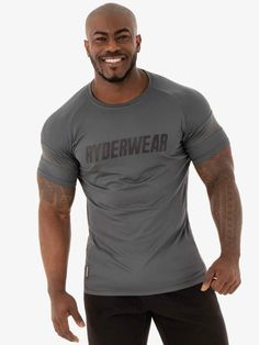 FLEX MESH T SHIRT   CHARCOAL Easy 30 day return policy Gray Moisture-wicking Short Sleeve T-shirt, Logo Print Short Sleeve Workout Tops, Functional Short Sleeve T-shirt With Logo Print, Plus Size Gym, Mesh T Shirt, Compression Tights, A Gym, Gym Shirts, Gym Bag