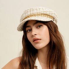 - Tweed Newsboy Hat - Gold Chain Wrapped Around The Base Band - Slouchy Rounded Base - Rounded Brim - Lining Inside Trendy White Hat For Fall, Trendy Beige Flat Cap, Cabby Hat, White Beret, Sequin Costume, Adidas Cap, Monogram Hats, Floppy Sun Hats, Newsboy Hat