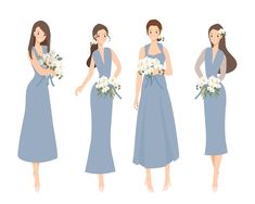 the bridesmaids in blue dresses are holding their bouquets