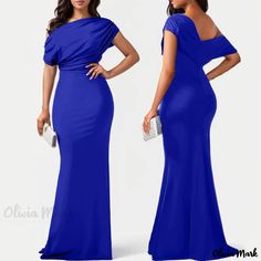 Olivia Mark - Sophisticated Off-Shoulder Dress with Subtle Pleats on the Bodice Stretch Boat Neck Party Dress, Blue Off Shoulder Maxi Dress For Party, Blue Fitted Off Shoulder Maxi Dress, Elegant Blue One Shoulder Off Shoulder Dress, Elegant Blue Off-shoulder Formal Dress, Elegant Blue Off Shoulder Formal Dress, Blue Off-shoulder Maxi Dress For Night Out, Elegant Blue Off-shoulder Maxi Dress, Blue One Shoulder Stretch Maxi Dress