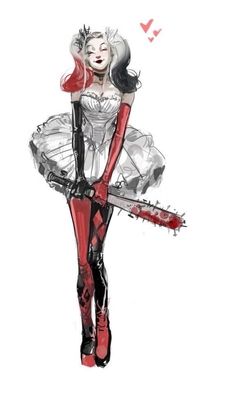 a drawing of a woman dressed in red and black with a knife on her chest