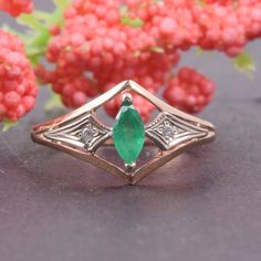 "Unique dainty & elegant 14k rose gold antique style art deco emerald promise ring for her, Antique style womens promise ring, Gift for her WE OFFER UNLIMITED PERIOD INSTALLMENTS PLAN This is a beautiful, stunning, feminine ring that works well for all occasions, styles, and ages. You will love it! Same ring in white gold: https://www.etsy.com/listing/294832061/topaz-ring-art-deco-ring-gemstone-ring?ref=shop_home_active_1 Ring information: Main stone: Emerald Approximate size: 6*3 mm Accent Art Deco Diamond Ring For May Birthstone, Elegant Marquise Emerald Ring, Classic Rose Gold Emerald Jewelry, Elegant Rose Gold Emerald Ring In 14k, Elegant 14k Rose Gold Emerald Ring, Elegant Rose Gold Emerald Ring With Diamonds, Elegant May Birthstone Diamond Cut Ring, Elegant Diamond Cut Ring For May Birthstone, Elegant 14k Gold Emerald Ring With Diamond Accents