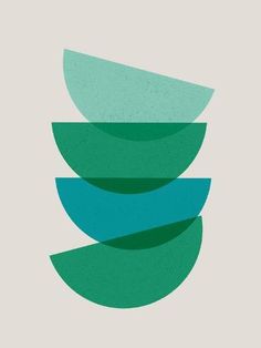 an abstract green and blue poster with three overlapping shapes in the middle, on a gray background