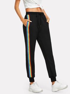 Jogger Pants Outfit, Summer Pants Women, Striped Pant, Drawstring Sweatpants, Rainbow Outfit, Sweat Pants, Type Of Pants, Girls Fashion Clothes