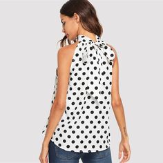 Gender: Women Sleeve Style: REGULAR Pattern Type: Polka Dot Material: Polyester Model Number: blouse180629416 Sleeve Length(cm): Sleeveless Clothing Length: REGULAR Decoration: Bow Collar: Halter Fabric Type: Broadcloth Style: Casual Color : Black and White UID: 190220243 Style: Casual Composition: 100% Polyester Fit Type: Regular Fit Details: Knot Fabric: Fabric has no stretch Season: Summer Shirt Type: Top Occasion: Weekend Casual Placket Type: Pullovers Casual Polka Dot Tank Top, Chic Polka Dot Tank Top For Spring, Spring Chic Polka Dot Tank Top, Sleeveless Polka Dot Summer Tops, Sleeveless Polka Dot Top For Summer, Casual Polka Dot Sleeveless Top, Fitted Polka Dot Sleeveless Blouse, Polka Dot Sleeveless Casual Blouse, Sleeveless Polka Dot Blouse For Summer