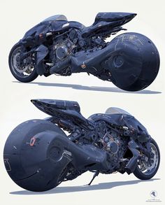 an artistic rendering of a futuristic motorcycle in three different angles, including the front and rear wheels