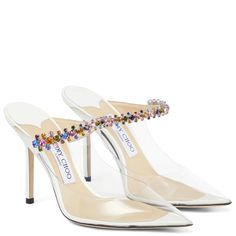 This Rendition Of Jimmy Choo's Iconic Bing Mules Brings Barely-There Transparent Pvc And Smooth Leather Together. Embellished With Colorful Crystals Across The Arches, This Pair Features Pointed Toes And 100mm Stiletto Heels. Upper: Leather, Plastic Lining: Leather, Plastic Sole: Leather Insole And Sole Pointed Toe Made In Italy Comes With Dust Bags Comes With A Box Designer Colour Name: Multi/Multi Never Worn. I Have Included A Photo Of The Only Flaw- Some Indents On The Sole Of The Very Tip, F Designer White Heels With Rhinestones, White Designer Heels With Rhinestones, Jimmy Choo Bing 100, Jimmy Choo Bing, Strapy Heels, Colorful Crystals, Jimmy Choo Gold, Jimmy Choo Heels, Designer Pumps