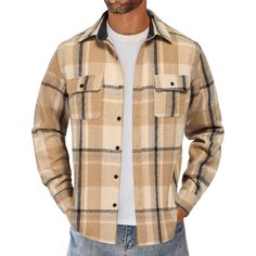 Premium Fabric --- Mens Flannel Shirt Is Made Of Premium Cotton Material That Is Comfortable, Warm, Lightweight, Skin-Friendly And Durable. The Fabric Is Brushed To Provide An Extra Layer Of Warmth And A Velvety Touch Against The Skin. This Flannel Shirt Jacket Offers A Soft, Cozy Feel That's Perfect For Cooler Weather. Stylish Design --- The Plaid Shirt Jacket Features With Long Sleeve, Spread Collar, Button Down Closure, Two Chest Pockets, Adjustable Button Cuffs And Classic Plaid Pattern. Lin Winter Shirt With Button Closure And Casual Collar, Relaxed Fit Collared Flannel Shirt With Buttons, Winter Shirt With Buttons And Relaxed Fit, Winter Relaxed Fit Shirt With Buttons, Casual Beige Shirt For Winter, Winter Relaxed Fit Shirt, Casual Beige Winter Shirt, Plaid Shirt With Snap Buttons And Long Sleeves, Plaid Shirt With Snap Buttons