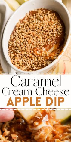 caramel cream cheese apple dip in a white bowl