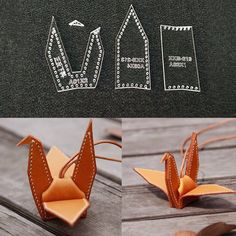 the instructions for how to make an origami bird with leather straps and stitching