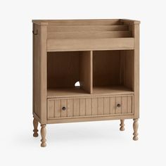 a wooden cabinet with two drawers on one side and an open drawer on the other