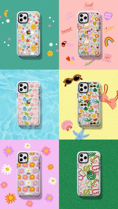 four phone cases with flowers and hearts on them, all in different colors from pink to blue