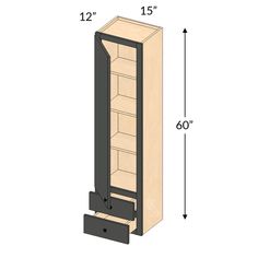 a tall cabinet is shown with the door open and shelves on both sides, showing measurements for