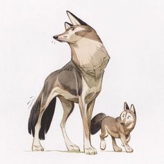 a drawing of a wolf and her cub