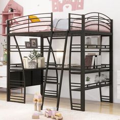 the bunk bed is black and has pink accents