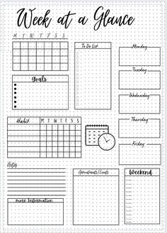 the week at a glance calendar is shown in this black and white printable planner