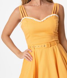 Collectif Retro Orange Nova Swing Dress – Unique Vintage Vintage Spring Dress With Sweetheart Neckline, Yellow Vintage Fashion Dress, Spring Vintage Dress With Sweetheart Neckline, Retro Dress With Sweetheart Neckline For Spring, Vintage Lined Dress With Sweetheart Neckline, Retro Dress With Sweetheart Neckline And Fitted Bodice, Summer Vintage V-neck Dress, Vintage V-neck Summer Dress, Summer Vintage Dress With V-neck