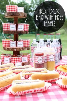 hot dog bar with free labels and buns on a red checkered tablecloth