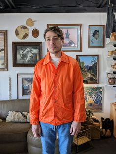 Vintage Rainbow Sportwear Hunter's Orange Button Up Windbreaker. Great vintage condition as photographed. Some color loss on buttons. Size on tag: M Measurements taken lying flat Shoulder to shoulder: 20" Armpit to armpit: 22" Sleeve length: 24" Overall length: 30" Free US shipping No returns, please review all photos. Casual Orange Outerwear With Buttons, Mens Windbreaker, Vintage Rainbow, Gender Neutral, Overalls, Art Collection, Button Up, Bathing Beauties, Jackets & Coats