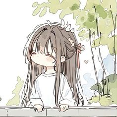 a drawing of a girl with long hair leaning on a wall and looking over the fence