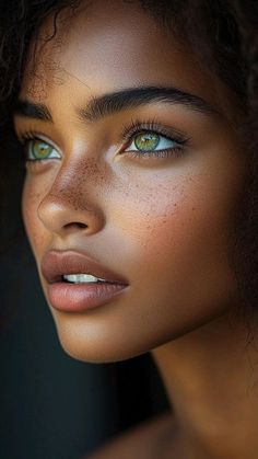 a woman with freckled hair and green eyes looks into the distance while she is wearing gold jewelry